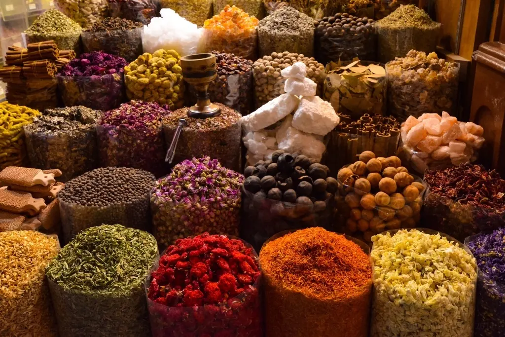 Sacks of colourful spices at a market