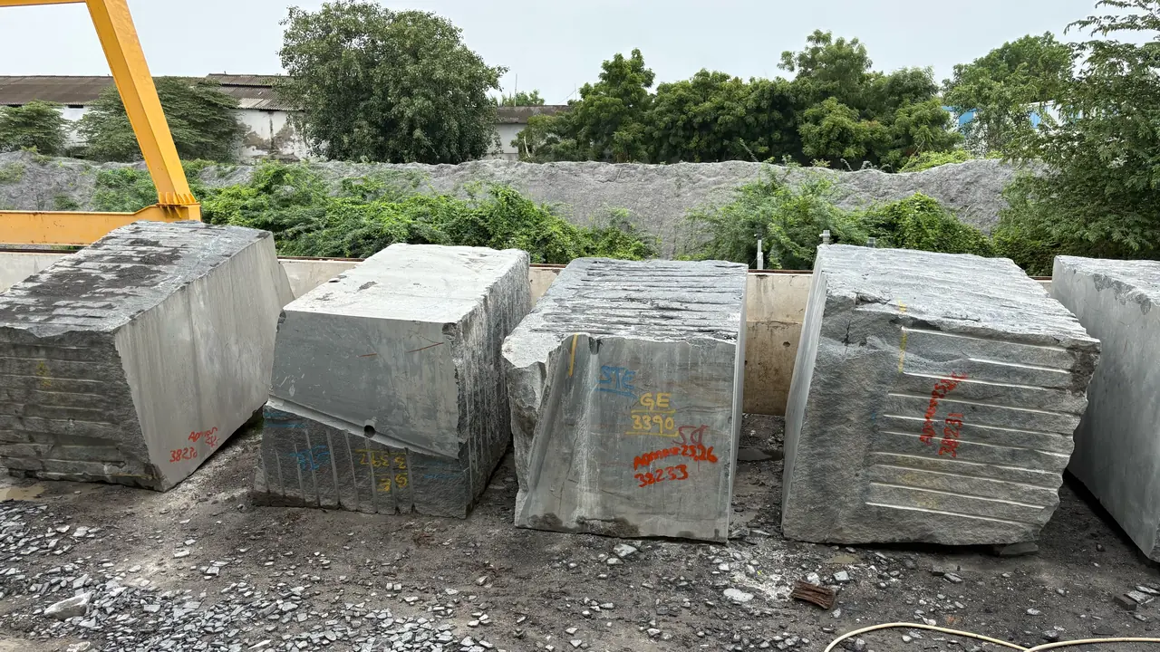 Granite blocks being processed into slabs